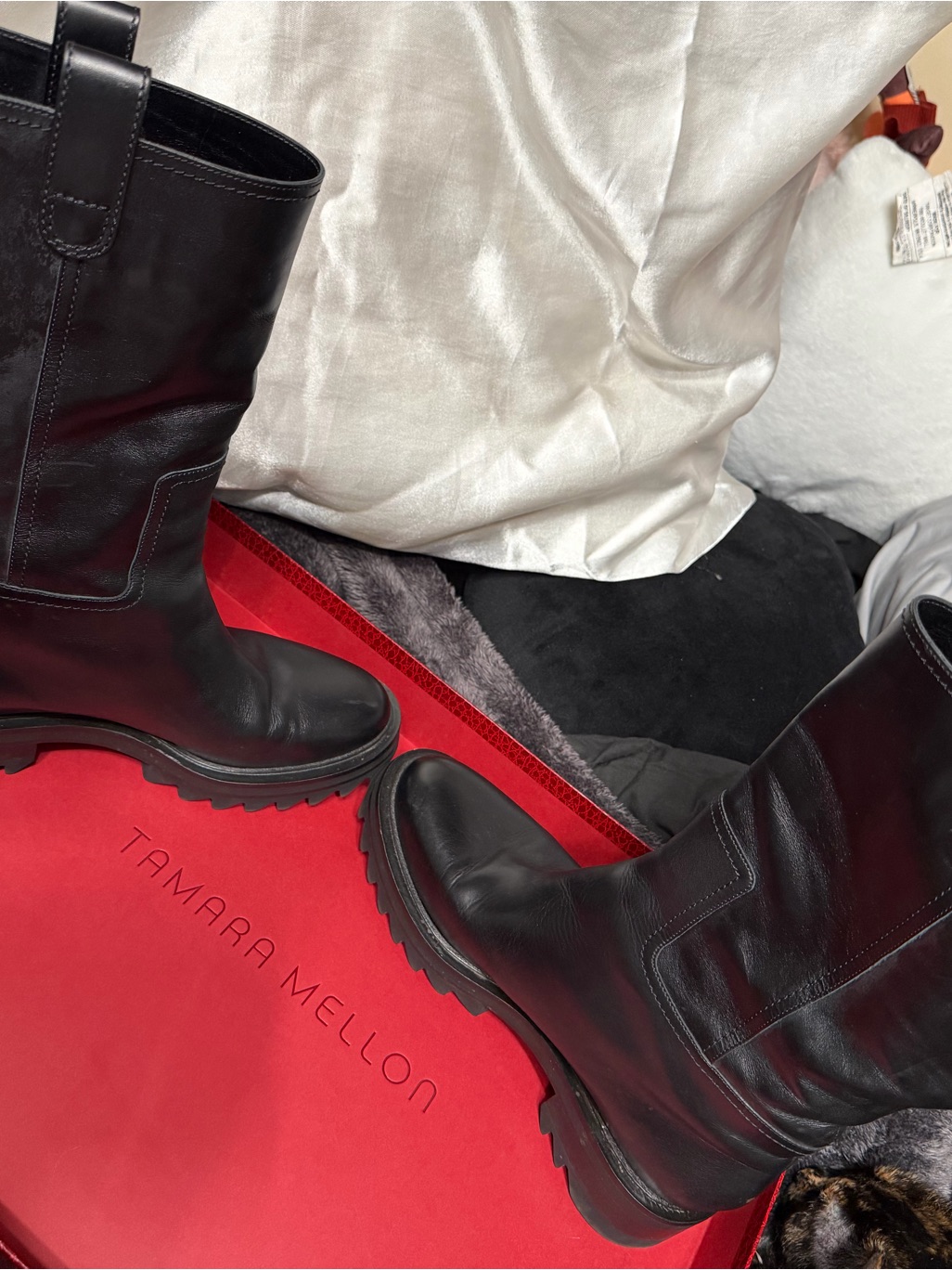 Tamara Mellon Black Leather Lug-Sole Mid Calf Boots